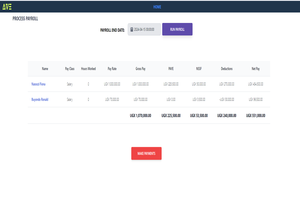 payroll processing screen